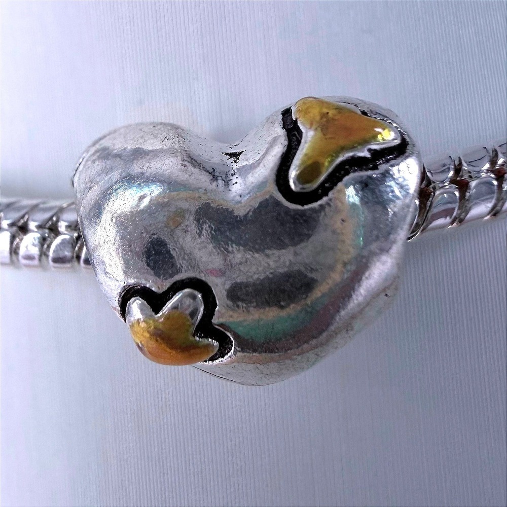 Silver Bead Charm Fits Snake Chain Bracelet Two Tone Gold Heart Puffy Heart Bead